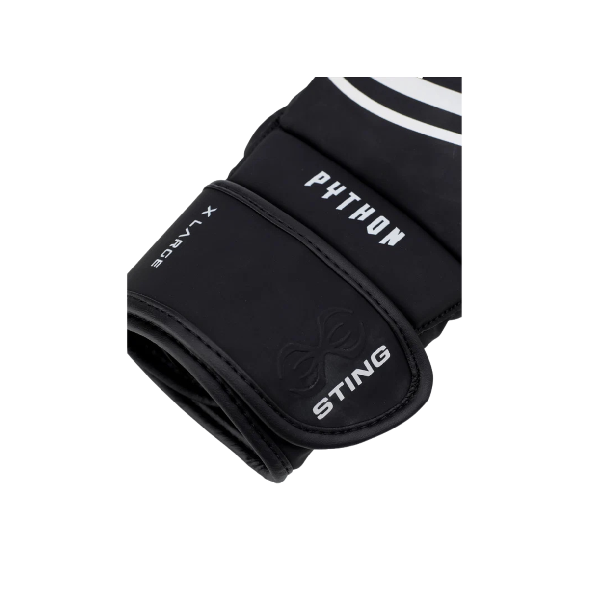 Black MMA 4oz fight gloves with open fingers, wrist strap and Python logo.