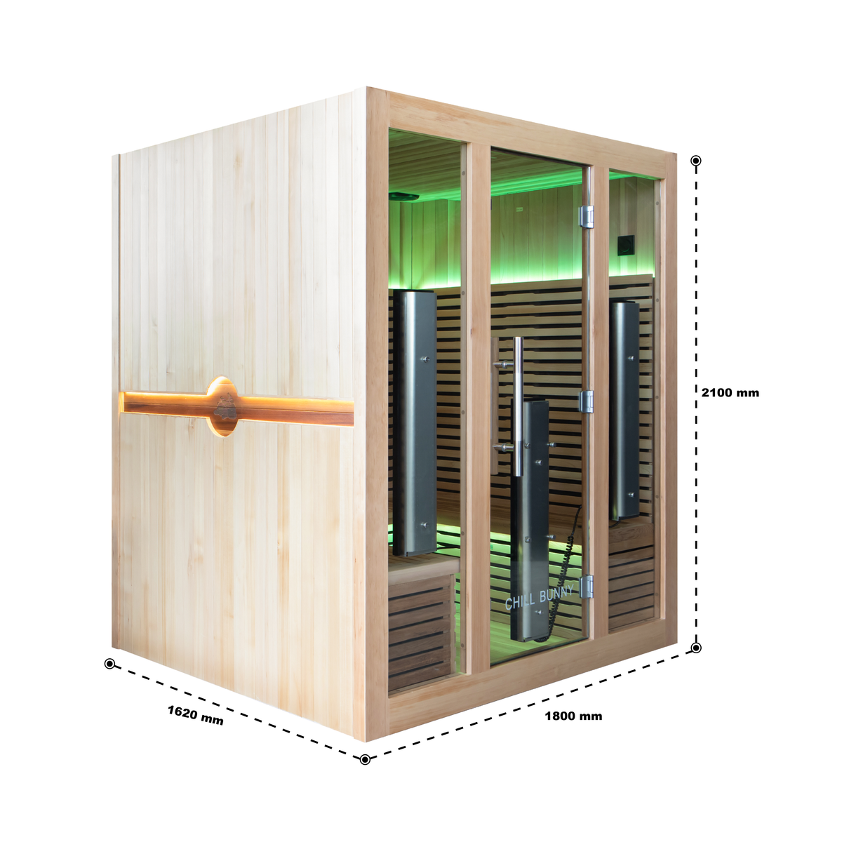 Chill Bunny 4 Person Indoor Infrared Sauna dimensions: 1800 mm wide, 1640 mm deep, 2100 mm high