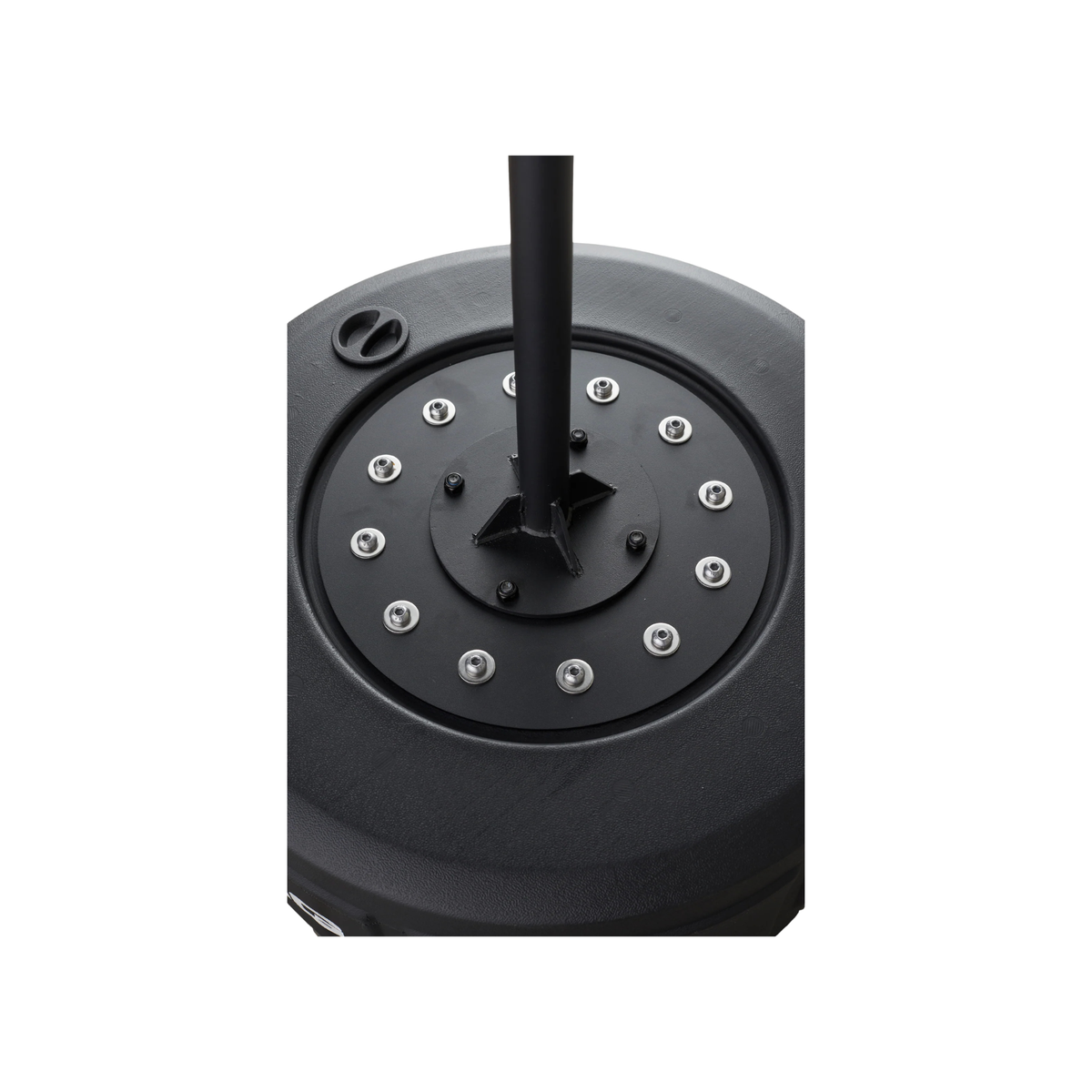 Close-up of a black circular mounting base with a central pole and multiple silver fasteners, shown on a plain white background.