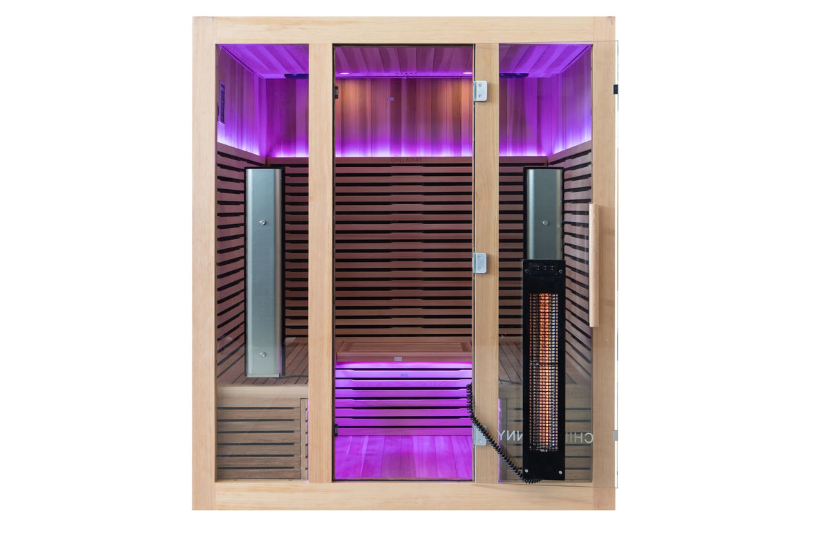 Full spectrum infrared heater panel inside Canadian cedar sauna