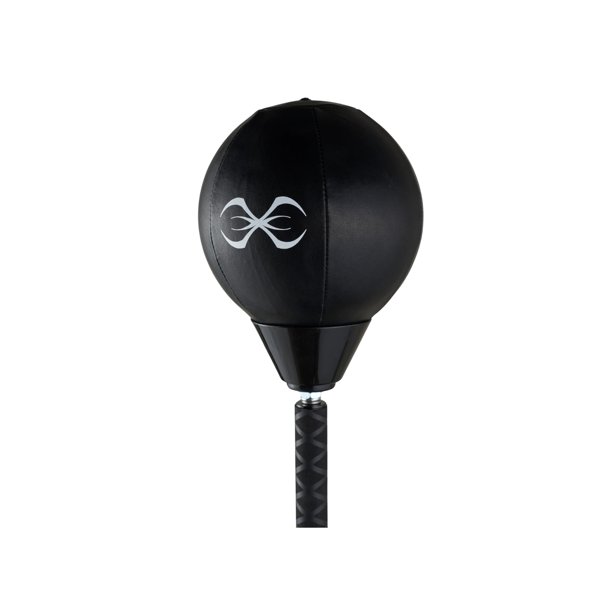 A black spherical punching bag with a white infinity symbol printed on the side, mounted on a black adjustable pole, shown against a plain white background.