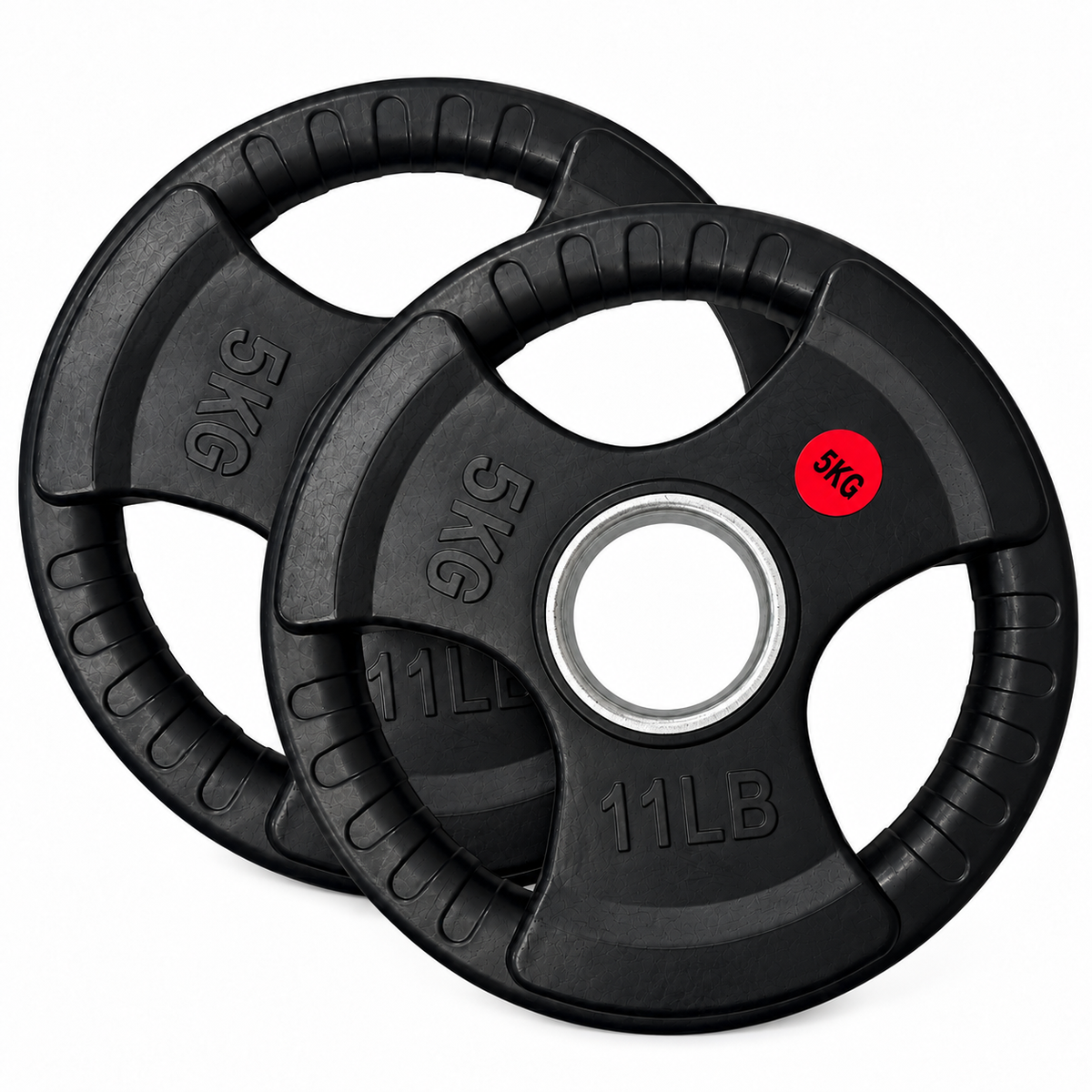 5kg Olympic rubber coated tri grip plate pair with 50mm bore included in the Ultimate All In One Home Gym Package
