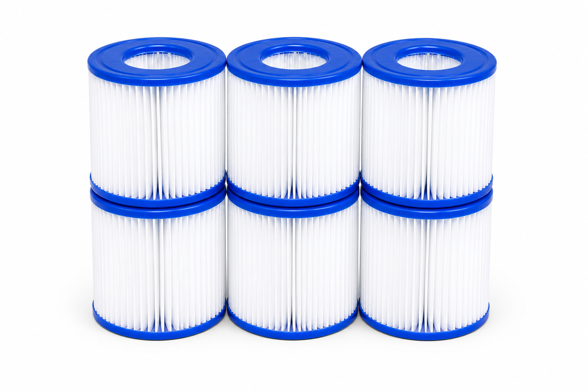 Six cylindrical replacement filters with white pleated bodies and blue plastic end caps, arranged in a 2x3 grid on a white background.
