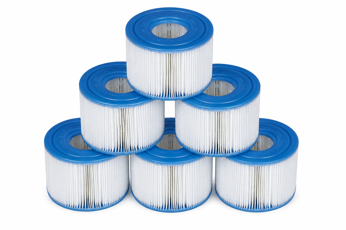 6pcs White pleated spa filter cartridge with blue end caps.
