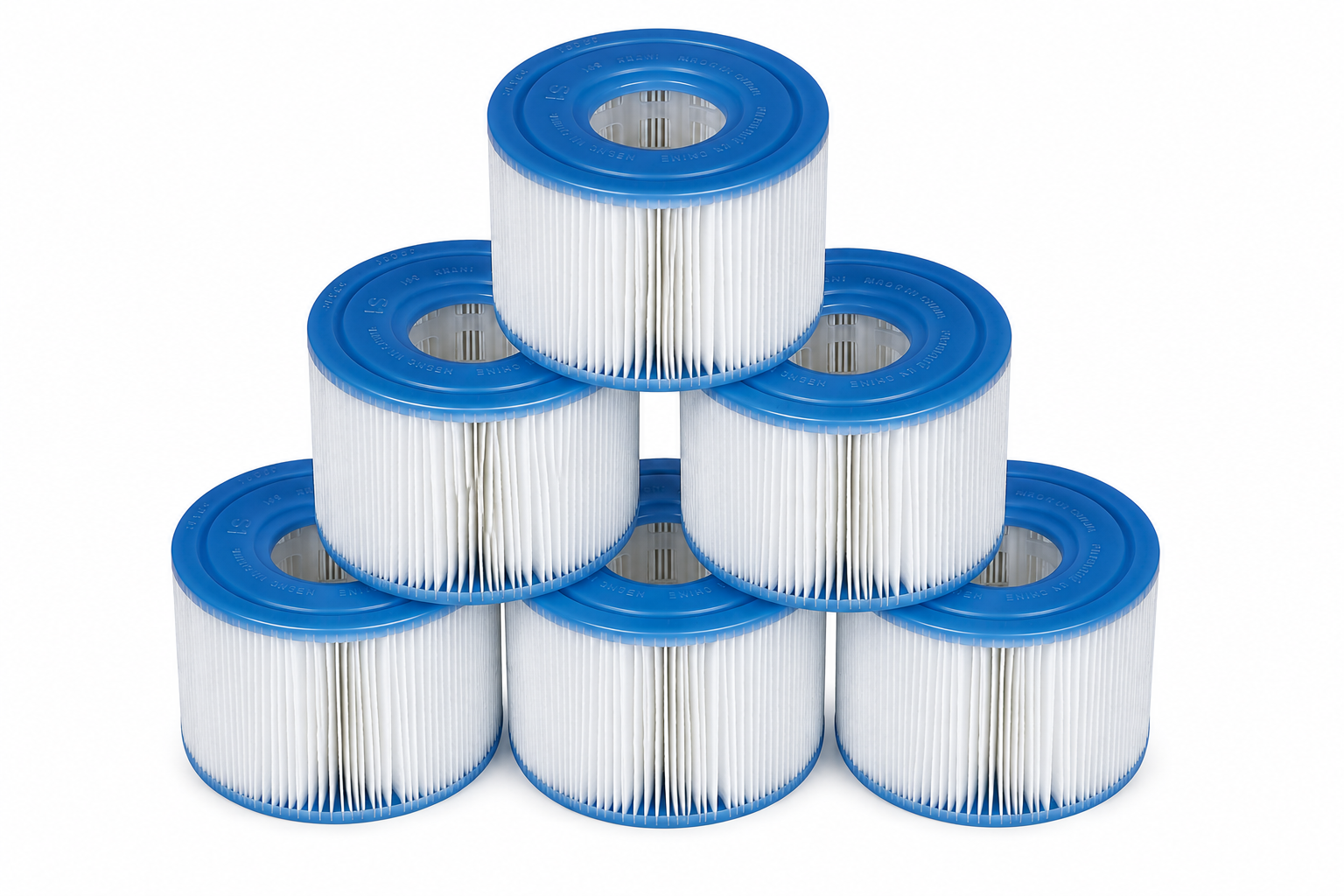 White pleated spa filter cartridge with blue end caps.