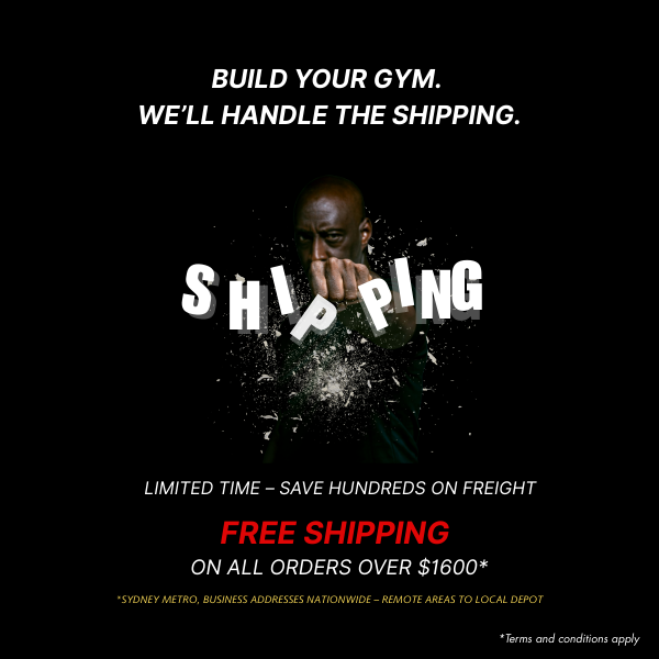 Advertisement with a person holding 'SHIPPING' text against a black background, promoting Free gym equipment shipping services.