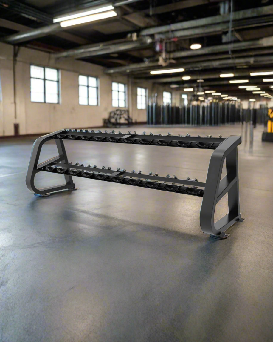 Commercial gym dumbbell rack with rubber saddles and angled tiers


 In Gym Seettup - Commercial