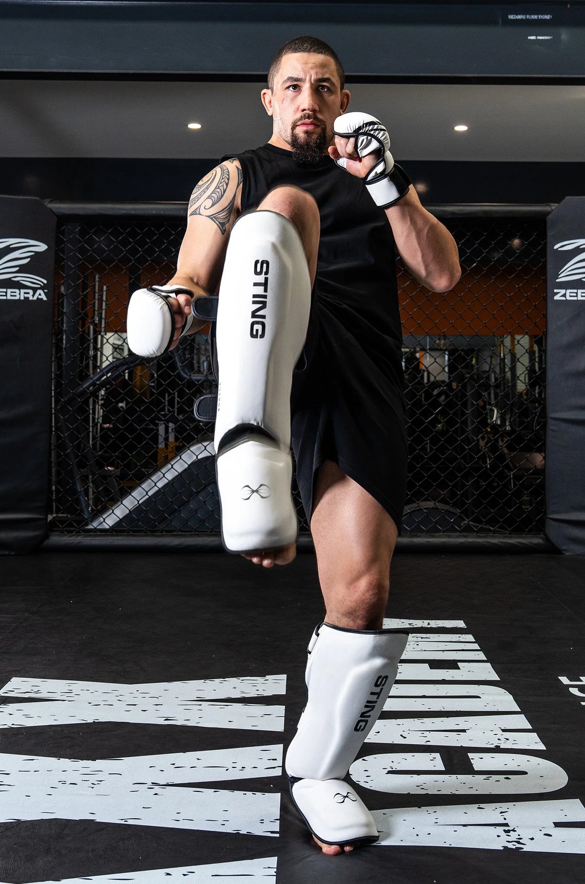 Robert Whittaker in a martial arts stance with protective Sting gear on a branded mat