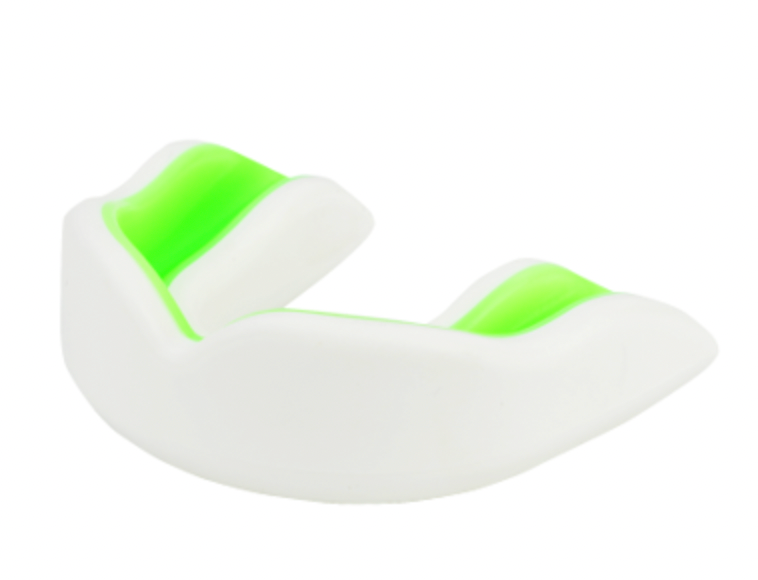 Dual-layer shock absorbing mouthguard for combat sports. White and green