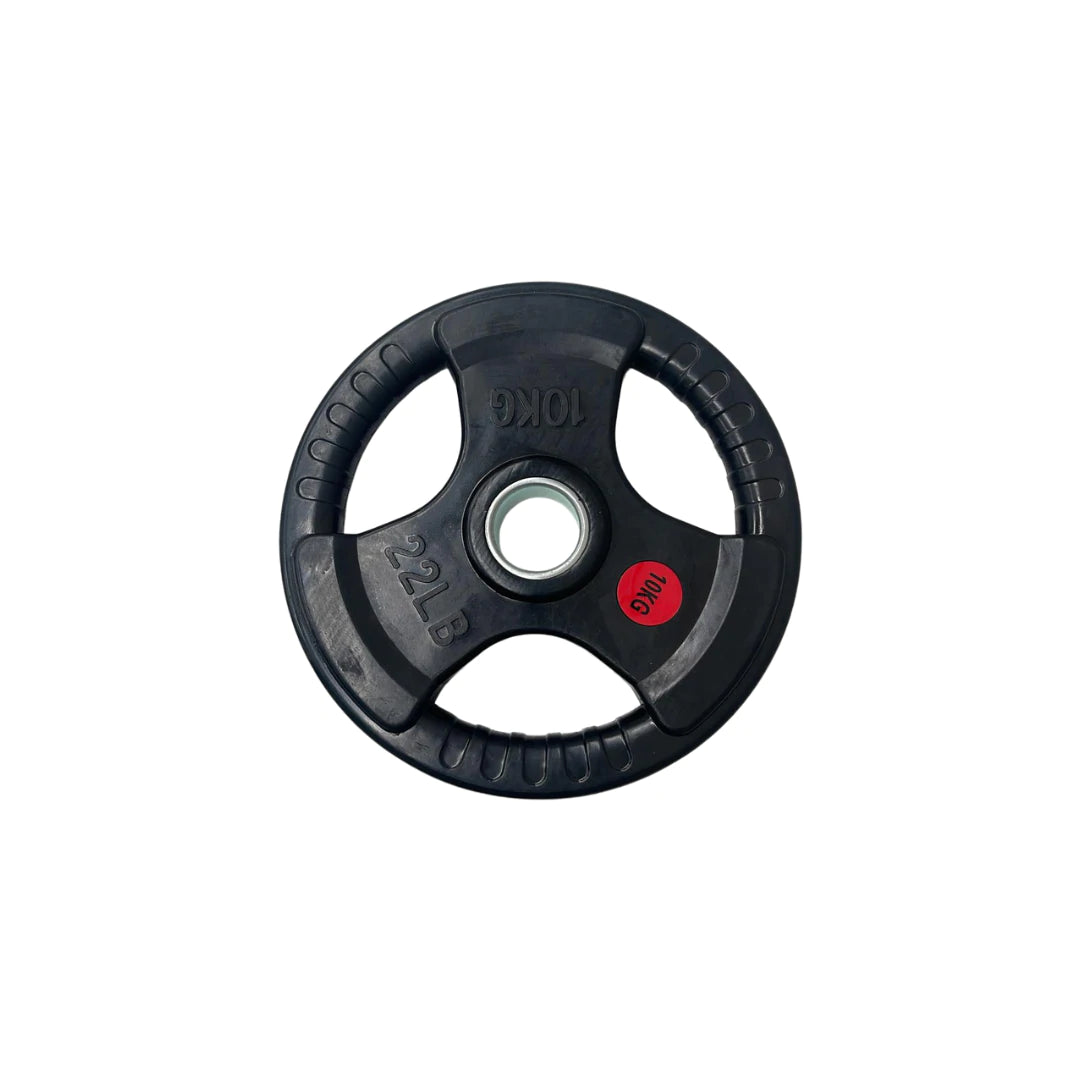 10kg Olympic rubber coated tri grip plate with red weight marker - Elite Synergy bundle