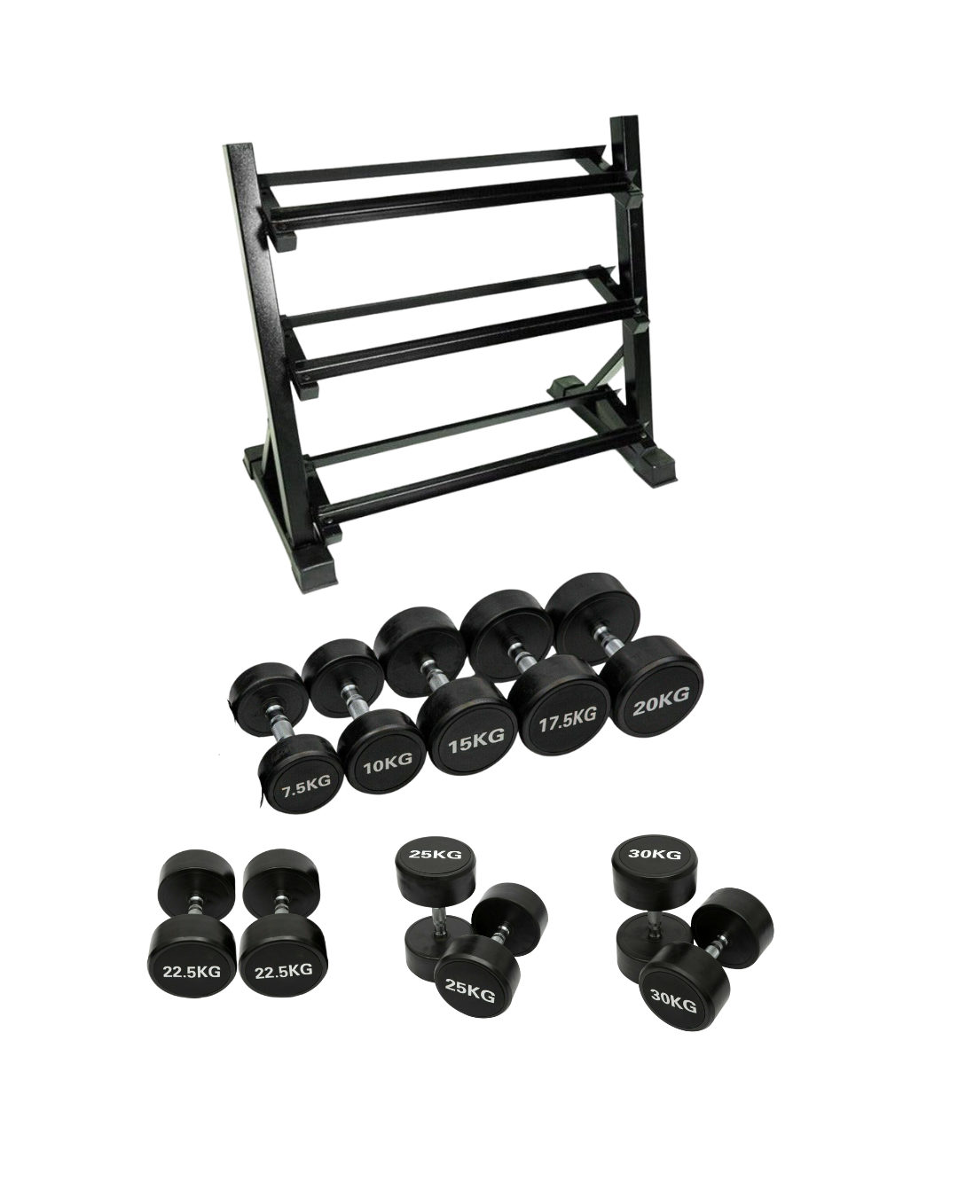 Full set of Pro Style round dumbbells with 3-tier rack in gym setting

