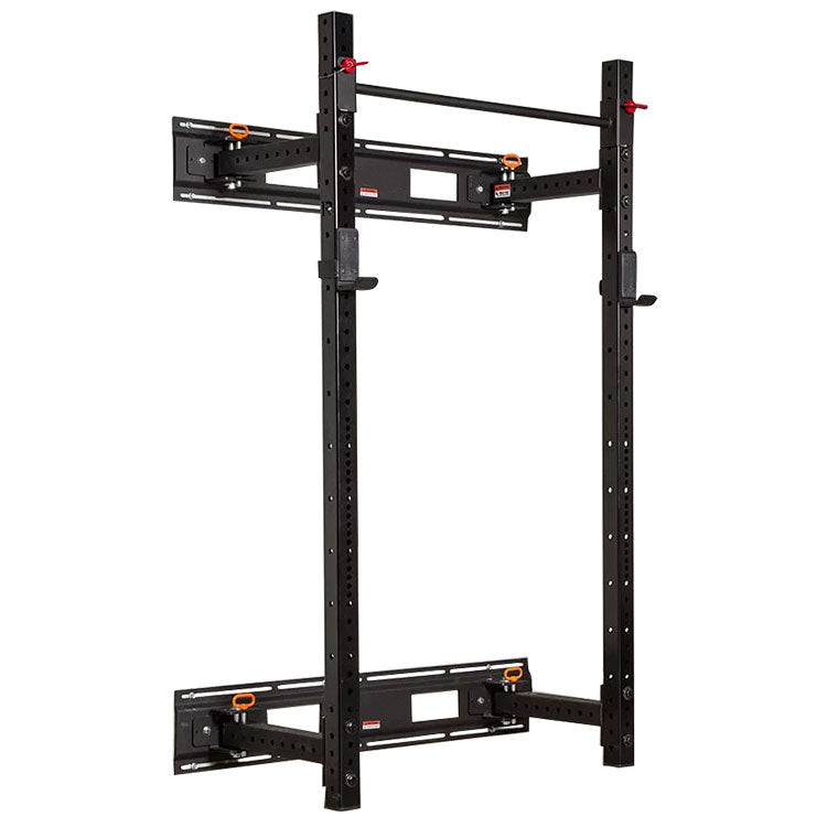 This wall mounted power rack is the perfect addition to any commercial gym or home gym setup. It neatly folds away utilising space. Built with two steel uprights, laser cut. Includes westside hole spacing through the bench / pull area  Designed with a unique hinge & pin system that is both easy to install and rock solid