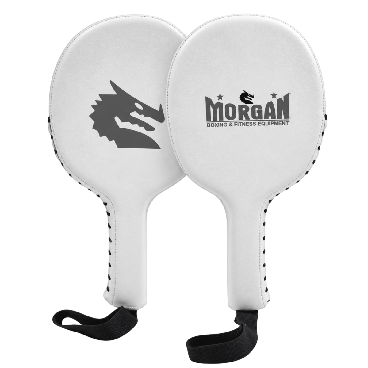 Pair of white boxing and kickboxing focus pads with black trim, wrist straps, and Morgan branding, featuring a dragon graphic on one pad.