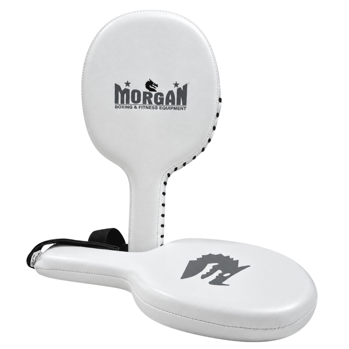 Pair of white boxing and kickboxing focus pads with black trim, wrist straps, and Morgan branding, featuring a dragon graphic on one pad.