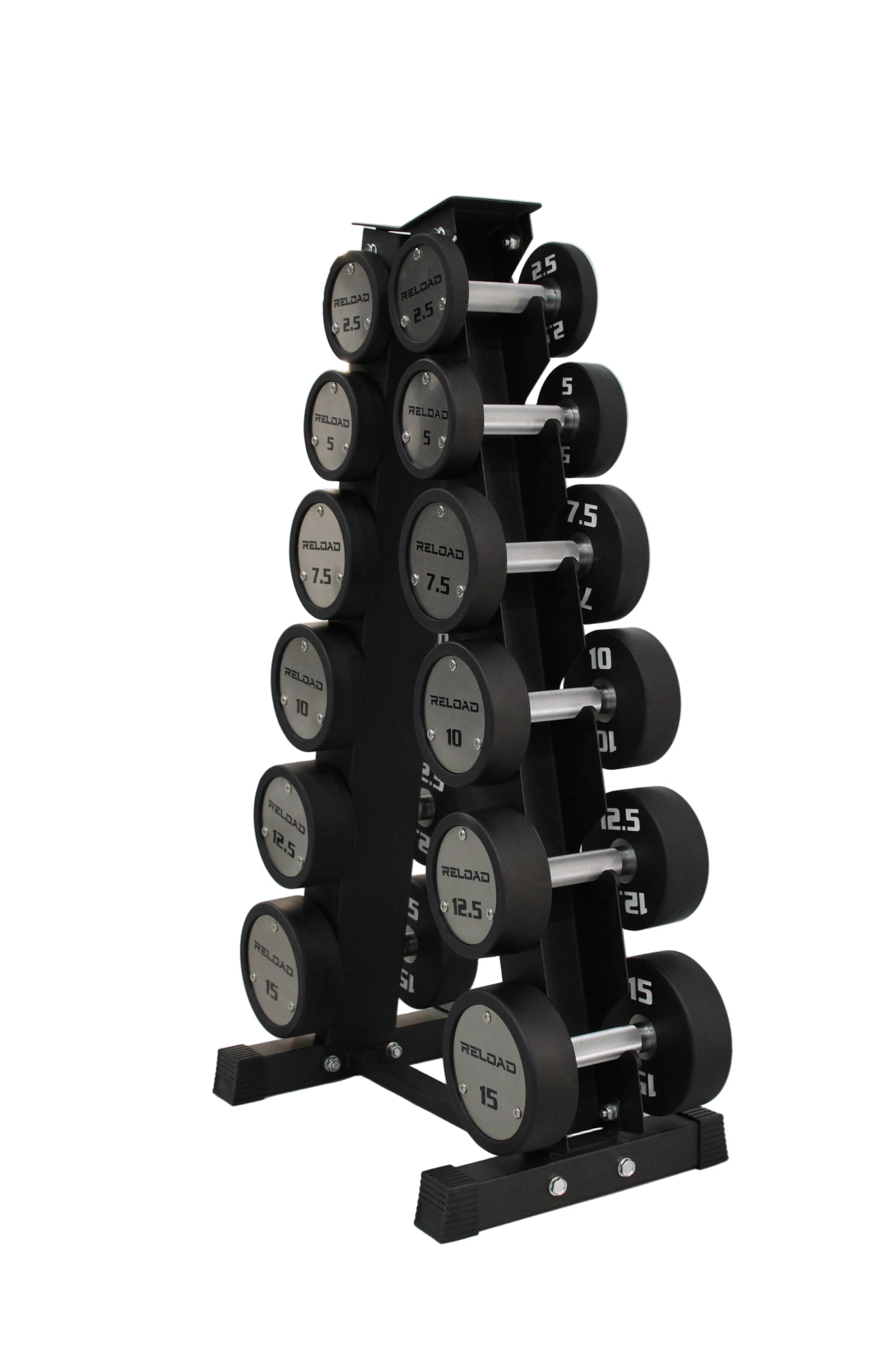 Reload premium round dumbbell set with vertical rack