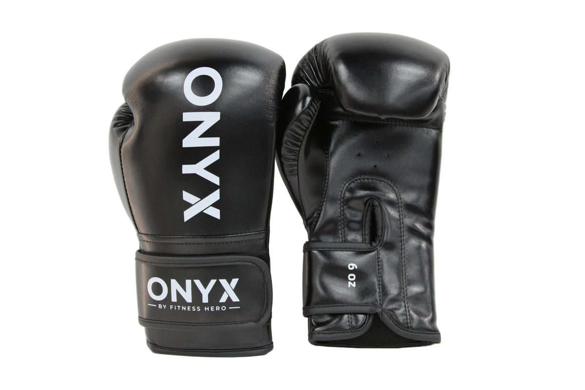 Black boxing gloves with 'ONYX' branding on a white background
