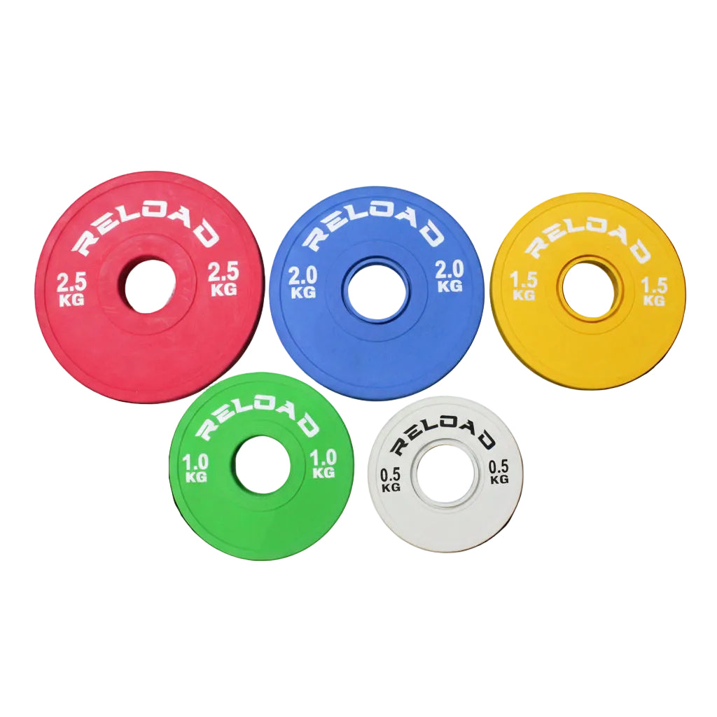 A set of Olympic rubber fractional plates in various colors including white, red, turquoise, green, orange, yellow, and blue, designed for strength training and compatible with standard 50mm Olympic bars.