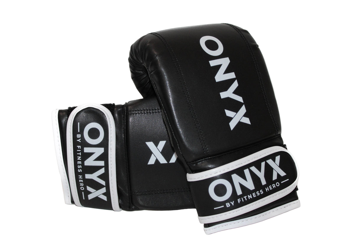 Onyx Elite open thumb boxing mitts in black and white