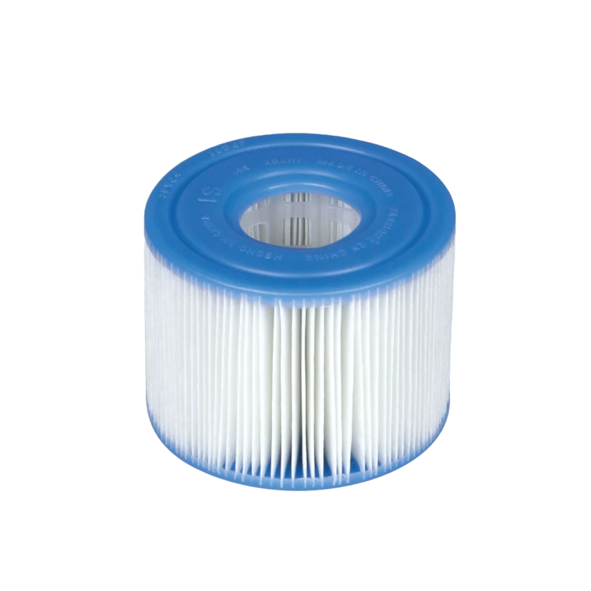 White pleated spa filter cartridge with blue end caps.