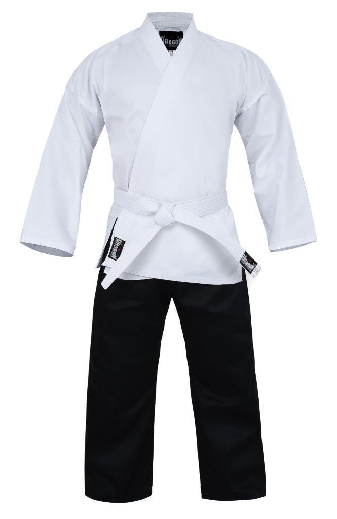 Dragon salt and pepper karate gi worn, side view