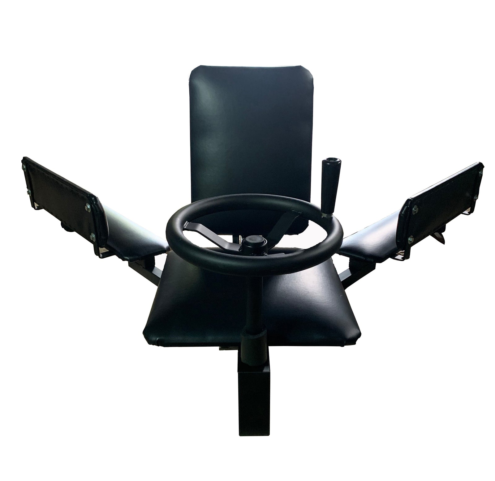 Reload adjustable leg stretching machine with padded seat and rotary dial