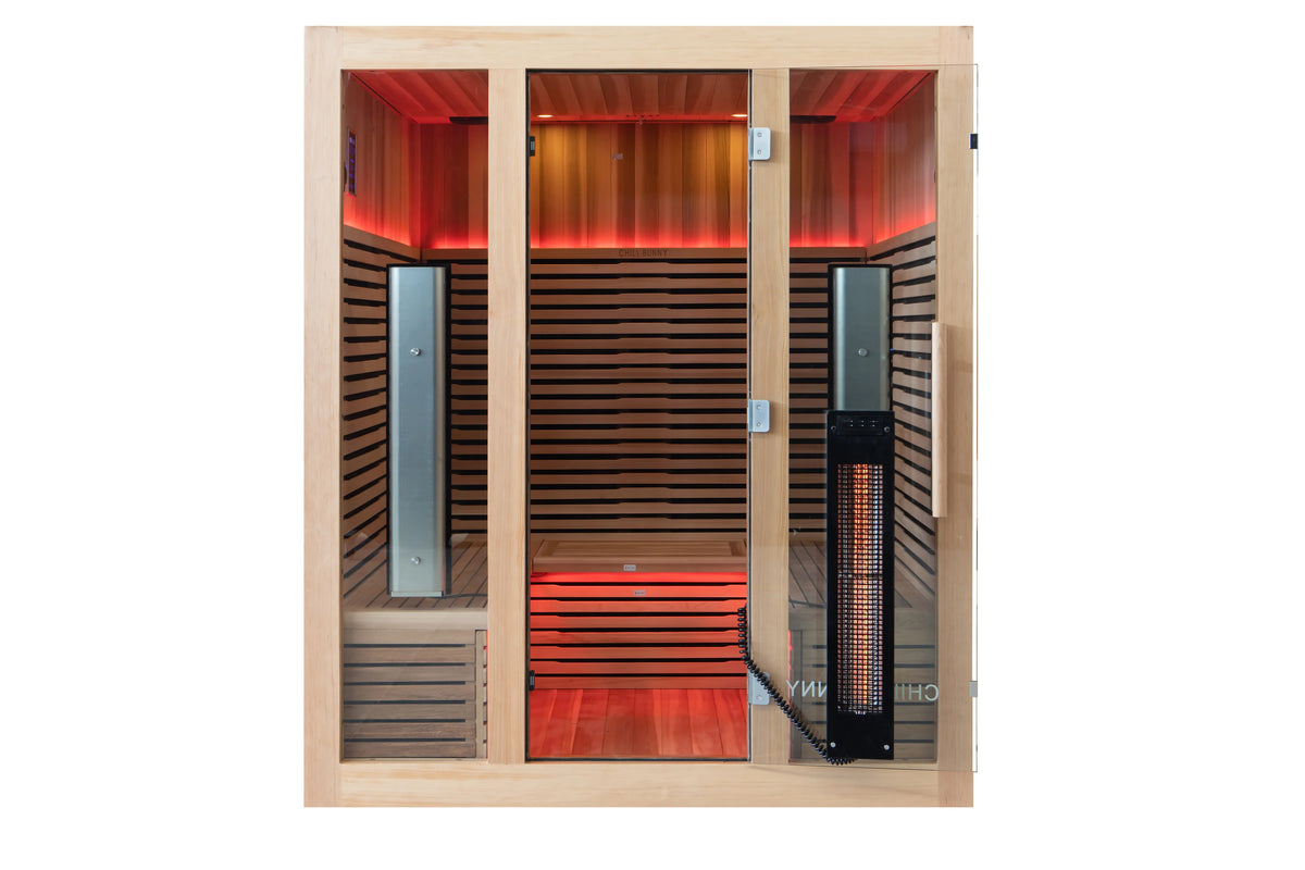 Chill Bunny 4 person indoor infrared sauna front view with glass door