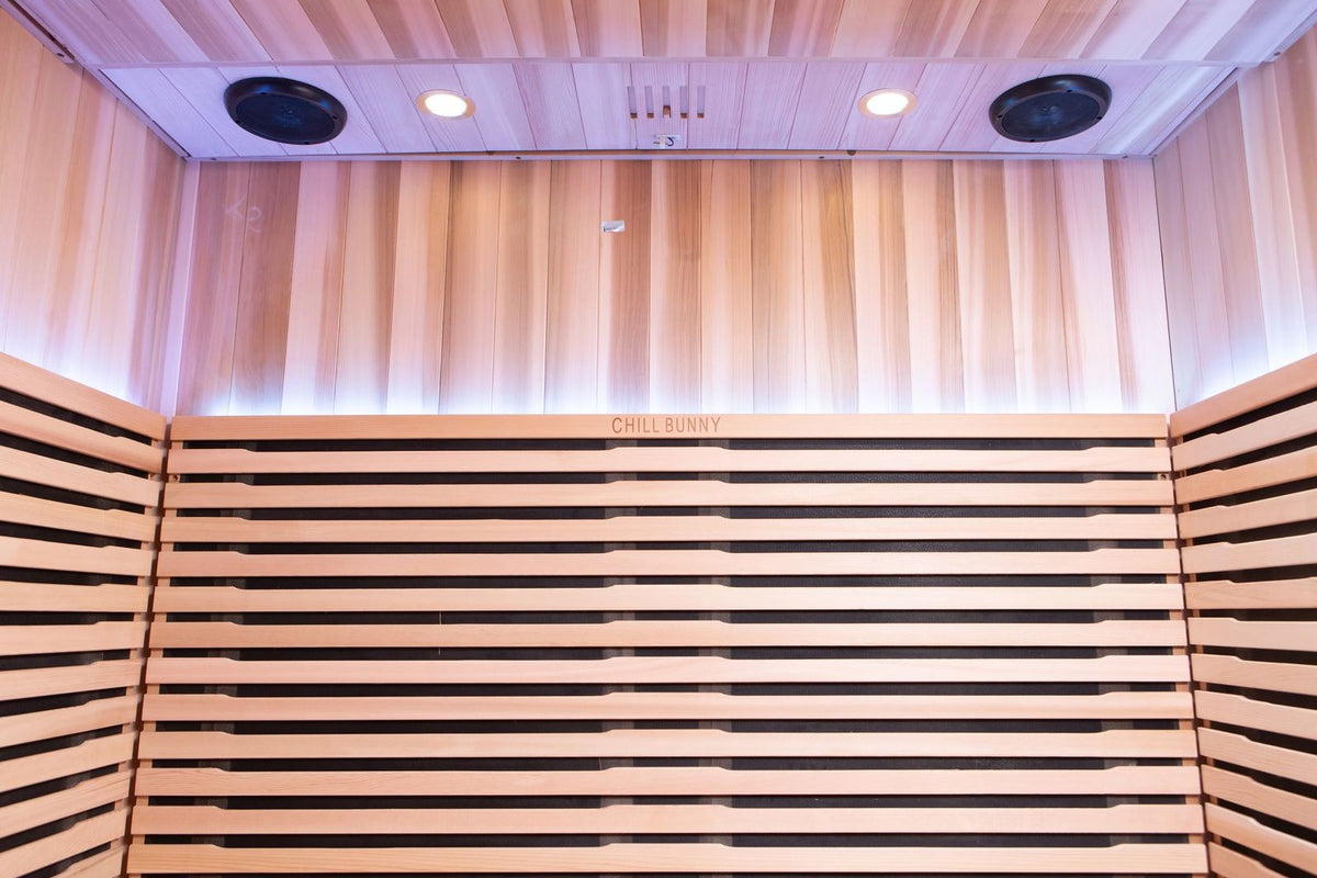 Commercial 4 person infrared sauna interior with LED lighting