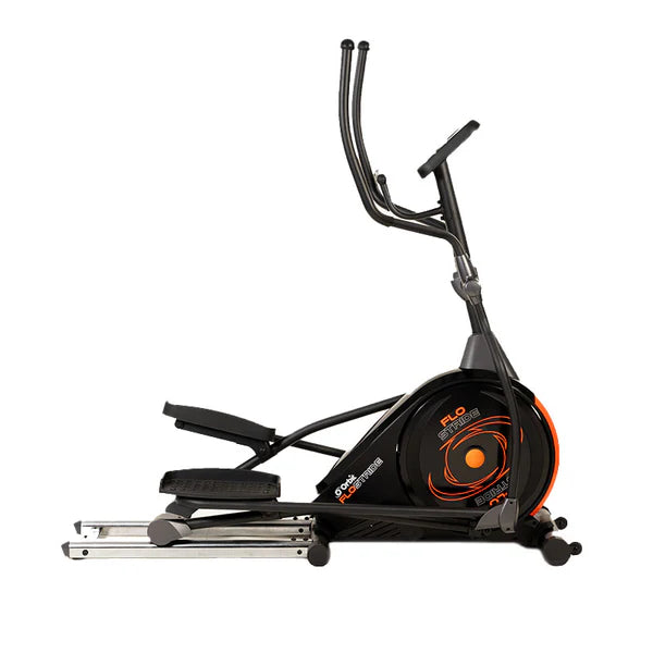Elliptical trainer with black and orange design on a white background
