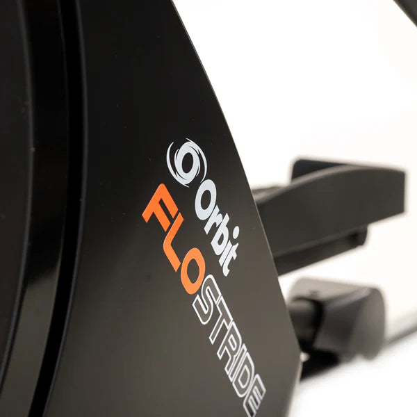 Close-up of a black piece of equipment with &#39;Orbit Flo Stride&#39; branding.