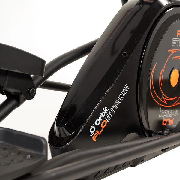 Close-up of a black and orange exercise bike with &#39;Gorbit&#39; branding on a white background
