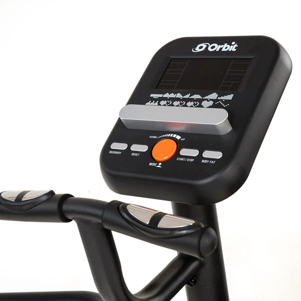Close-up of an exercise bike console with &#39;Orbit&#39; branding on a white background