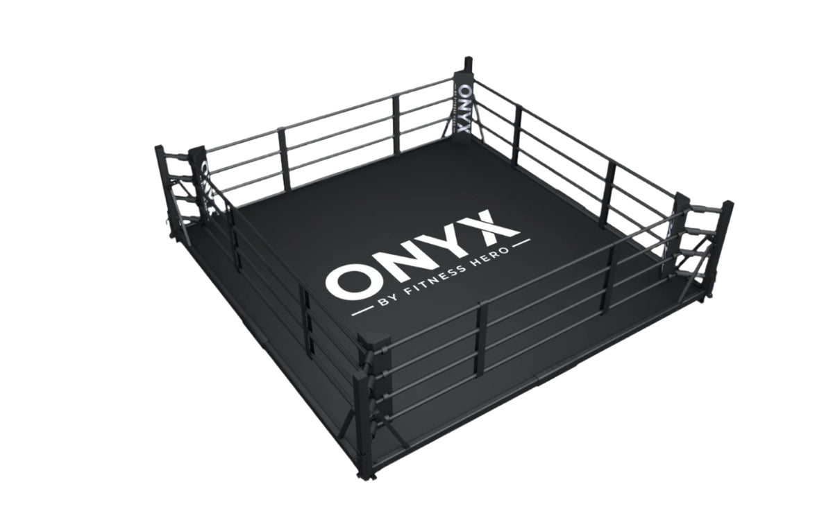 ONYX custom freestanding boxing ring with black ropes and mat