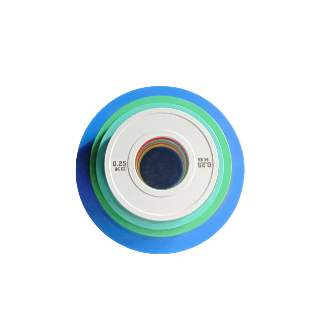 A set of Olympic rubber fractional plates in various colors including white, red, turquoise, green, orange, yellow, and blue, designed for strength training and compatible with standard 50mm Olympic bars.