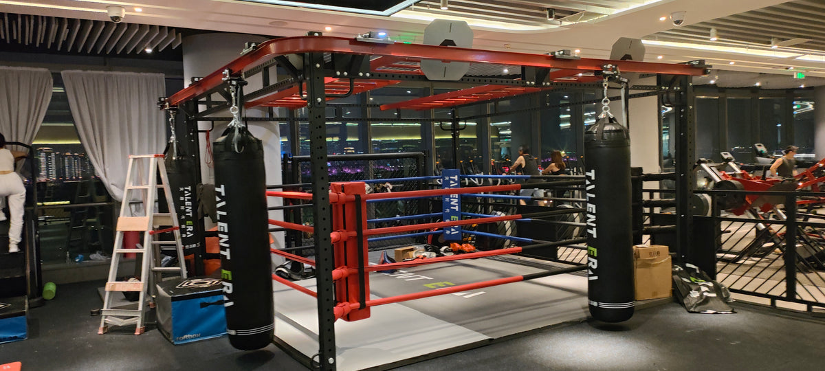 Matrix-style liftable boxing ring with black and red structure

