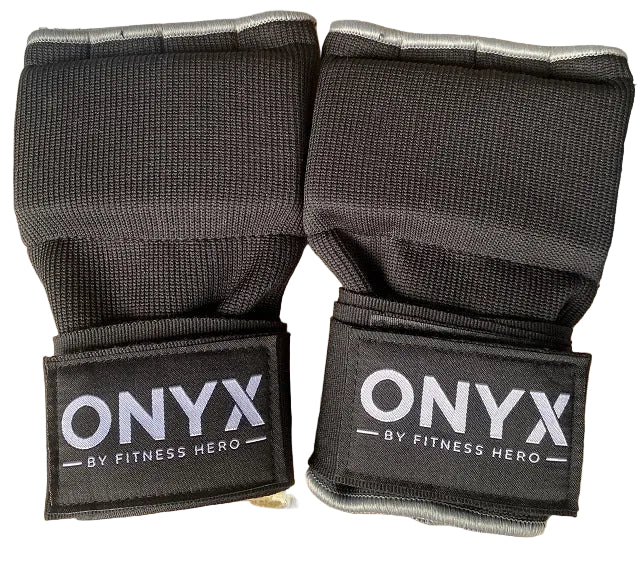 Onyx Quick Hand Wraps - padded cotton inner gloves with open thumb hole, pair laid flat
