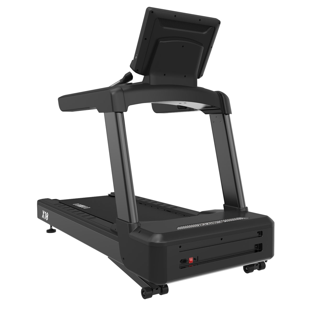Reload Pro TT-X18 Commercial Treadmill, rear view with transport wheels