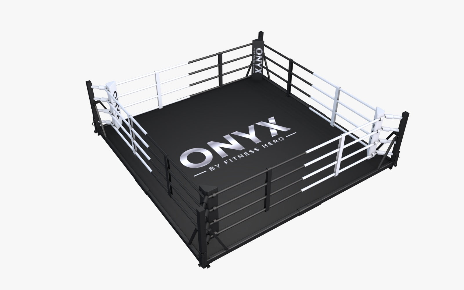 A boxing ring with a black mat featuring the 'ONYX BY FITNESS HERO' logo available in 4 + 5m ring
with or without flooring