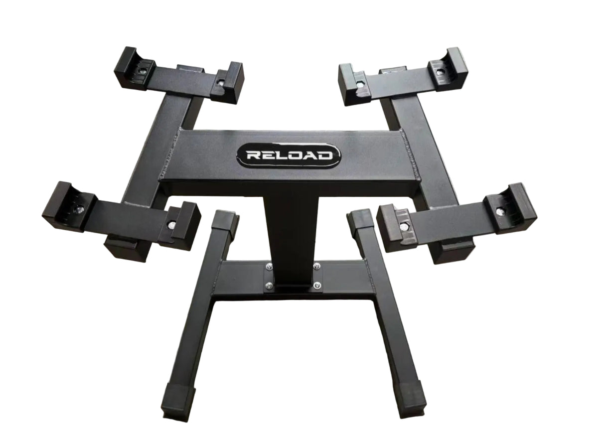 Reload Pro adjustable dumbbell stand, black steel with four cradle arms