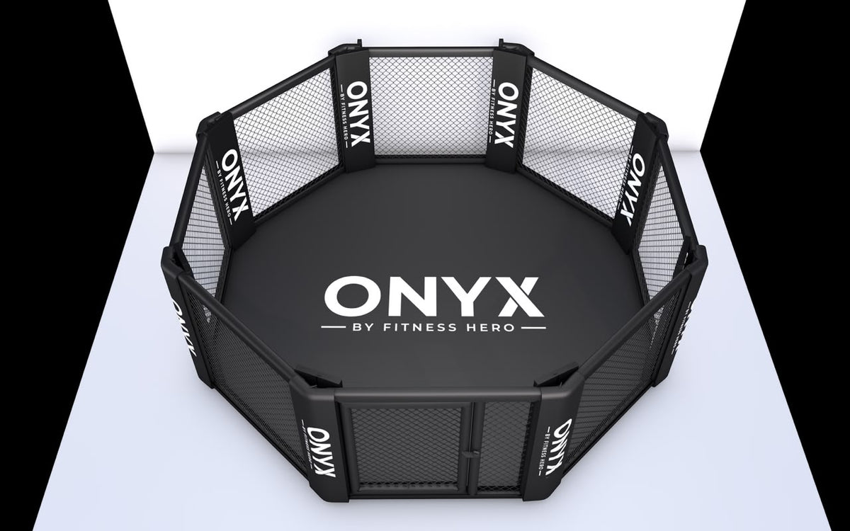 Onyx Foldable MMA Cage 4m [13ft] fully set up with Onyx-branded bumper pads, mesh walls and black mat
