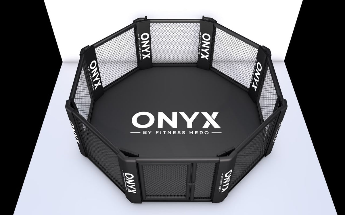 Onyx Foldable MMA Cage 5m [16ft] fully set up with Onyx-branded bumper pads, mesh walls and black mat