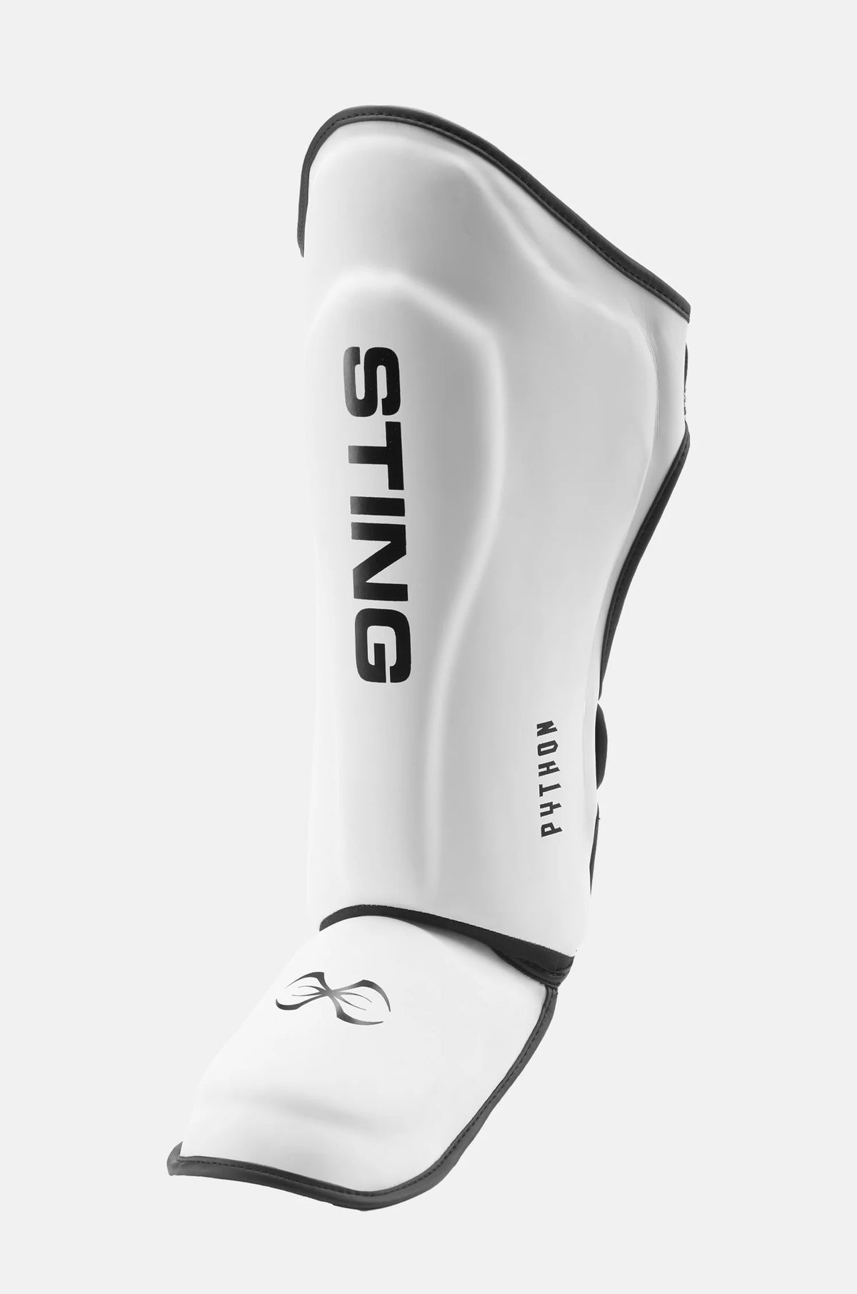 White shin guard with 'STING' branding on a white background