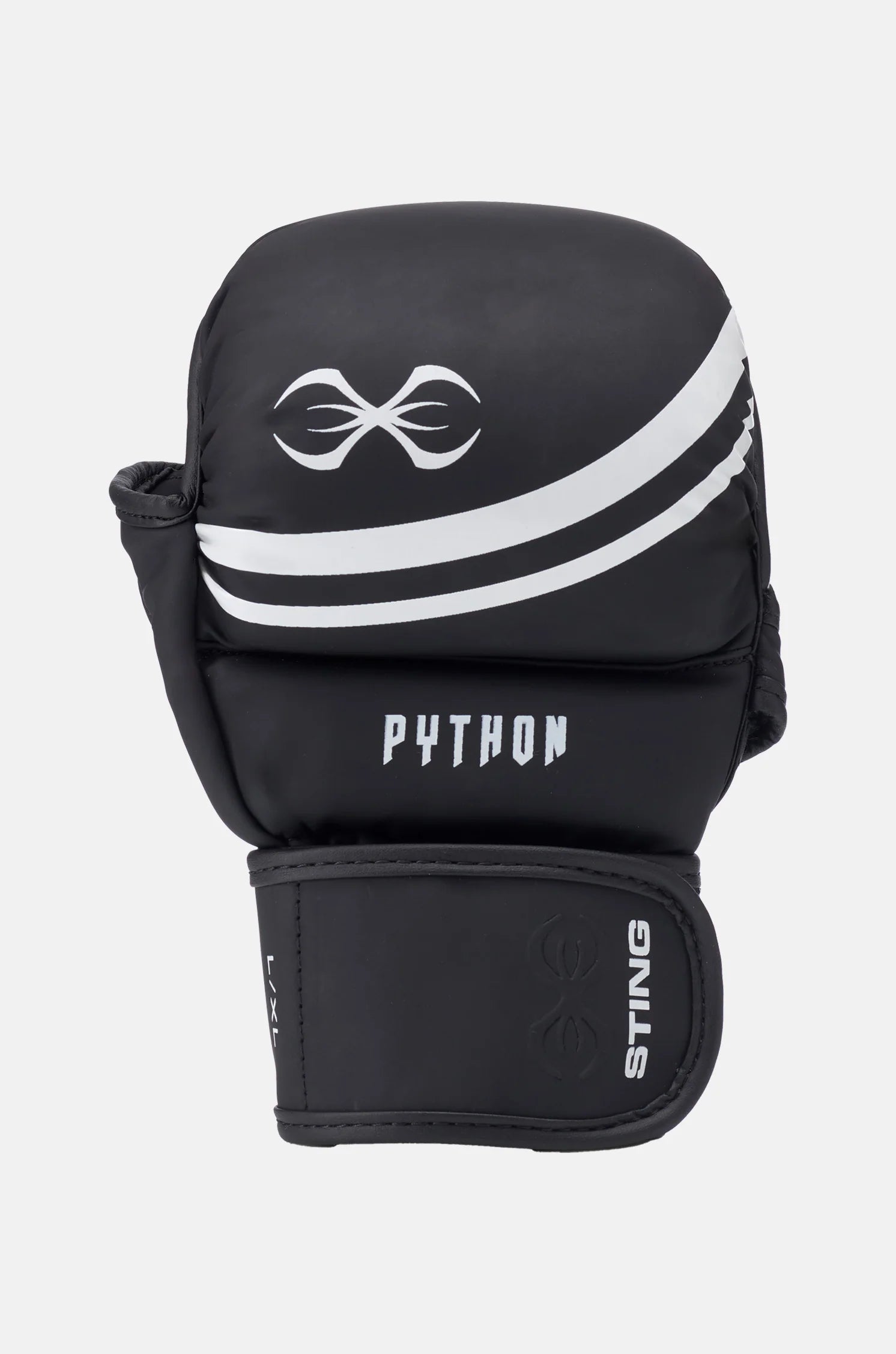 Black athletic gloves with white accents and 'Python' branding on a light gray background