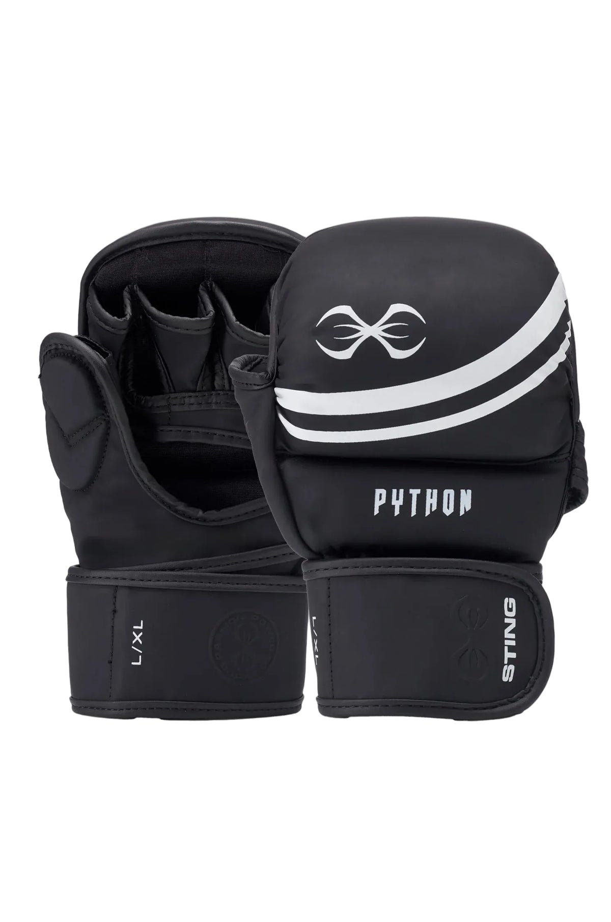 Black athletic gloves with white accents and 'Python' branding on a light gray background