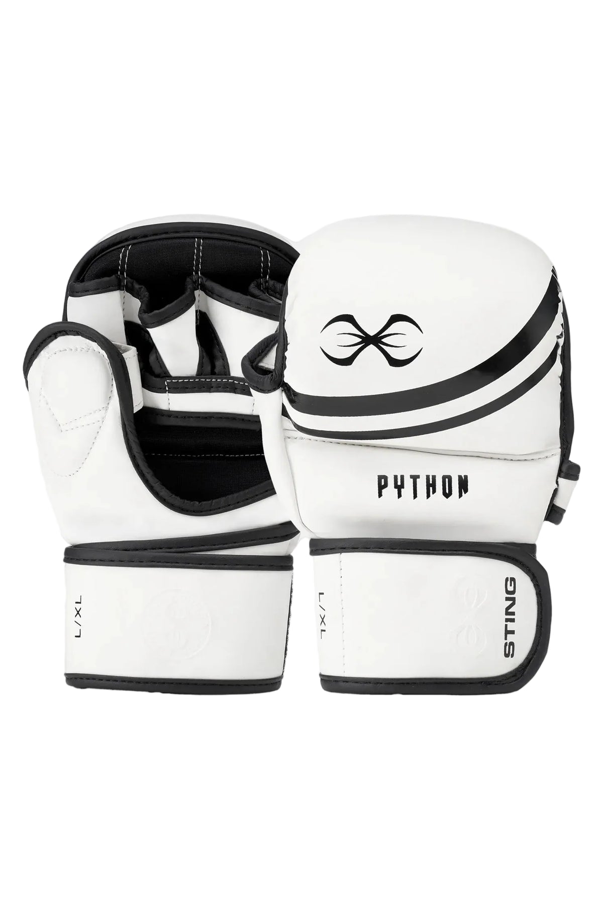 White and black martial arts gloves with 'Python' branding on a white background