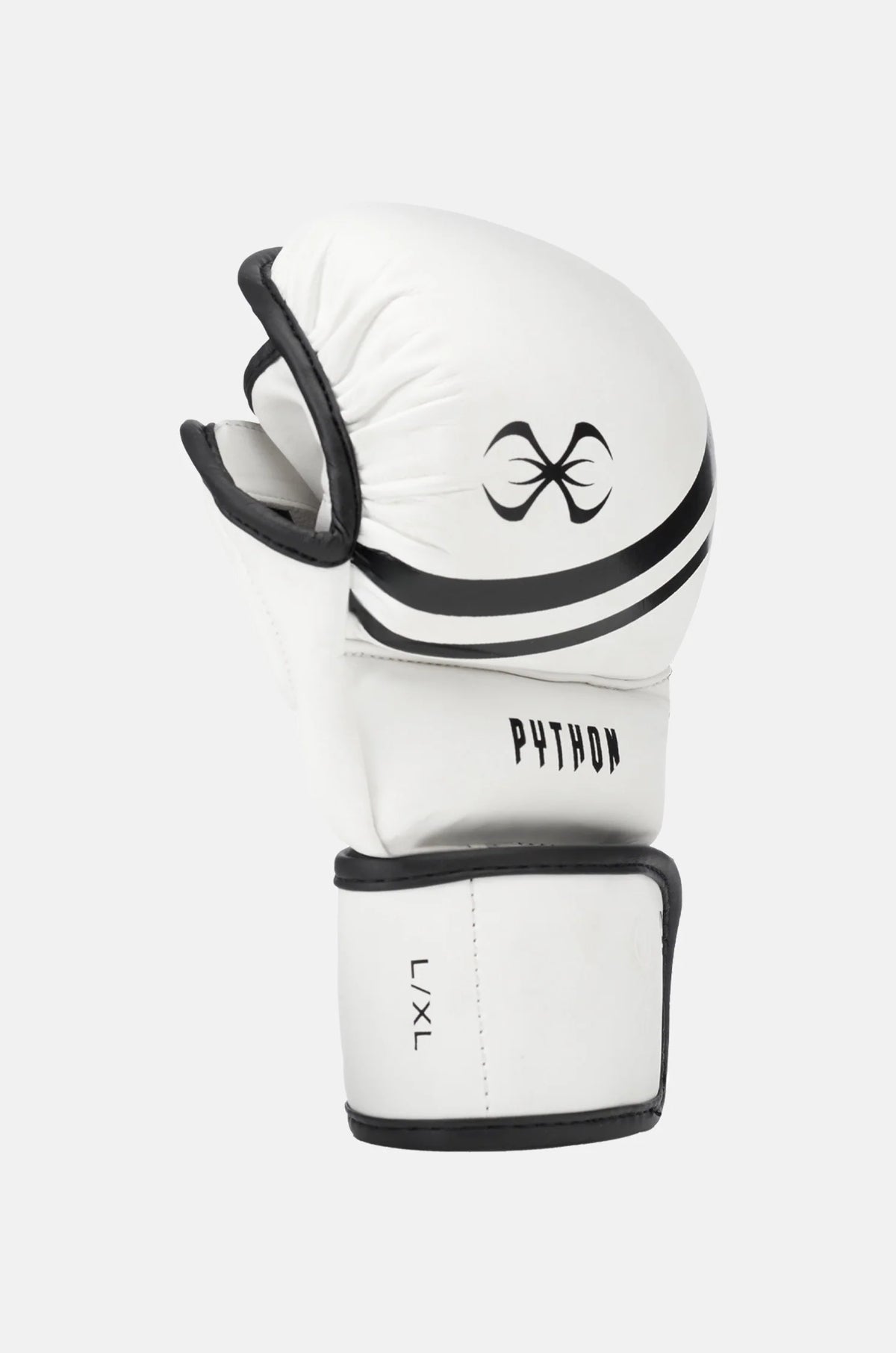 White boxing glove with black accents on a white background