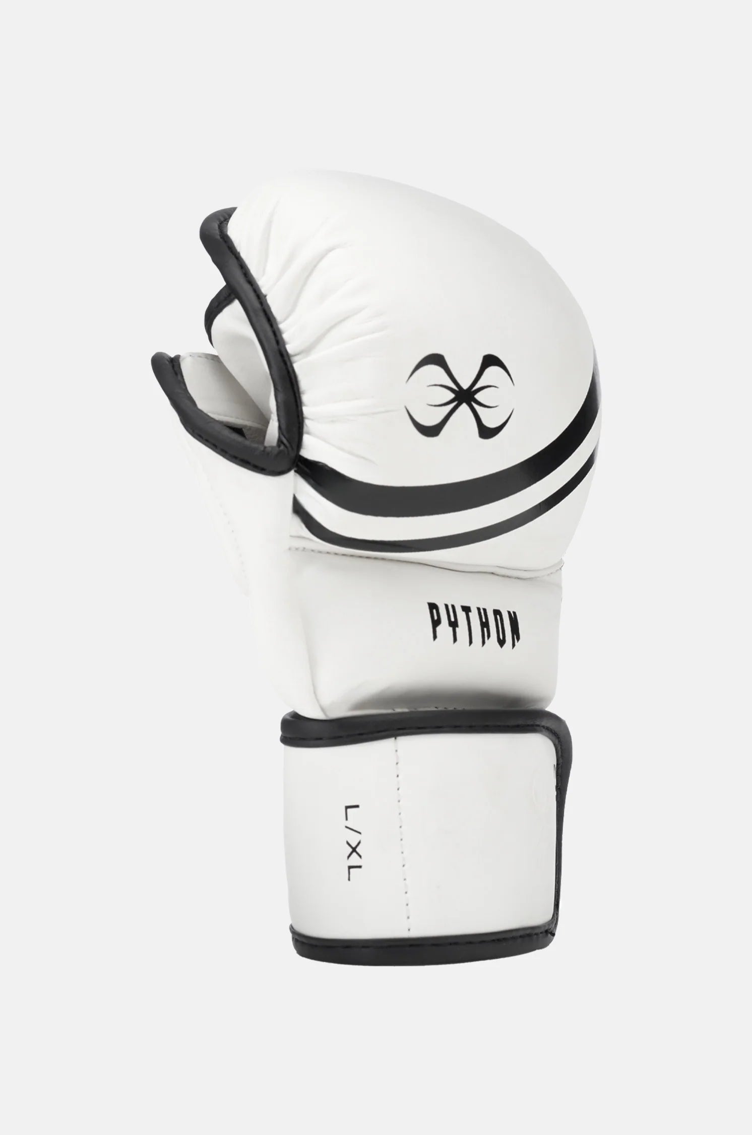White and black martial arts gloves with 'Python' branding on a white background