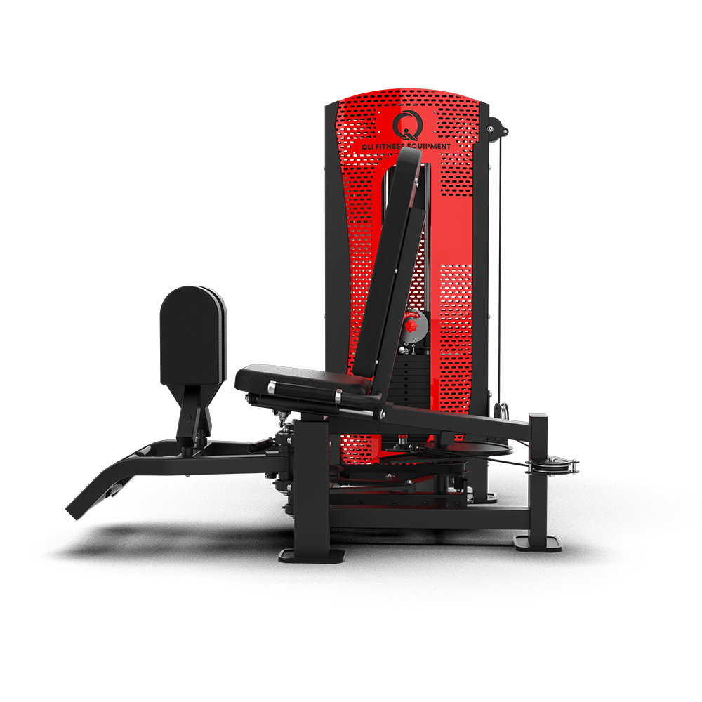 Side profile of the QLI QAAM01 showing the angled backrest, seat and shrouded weight stack