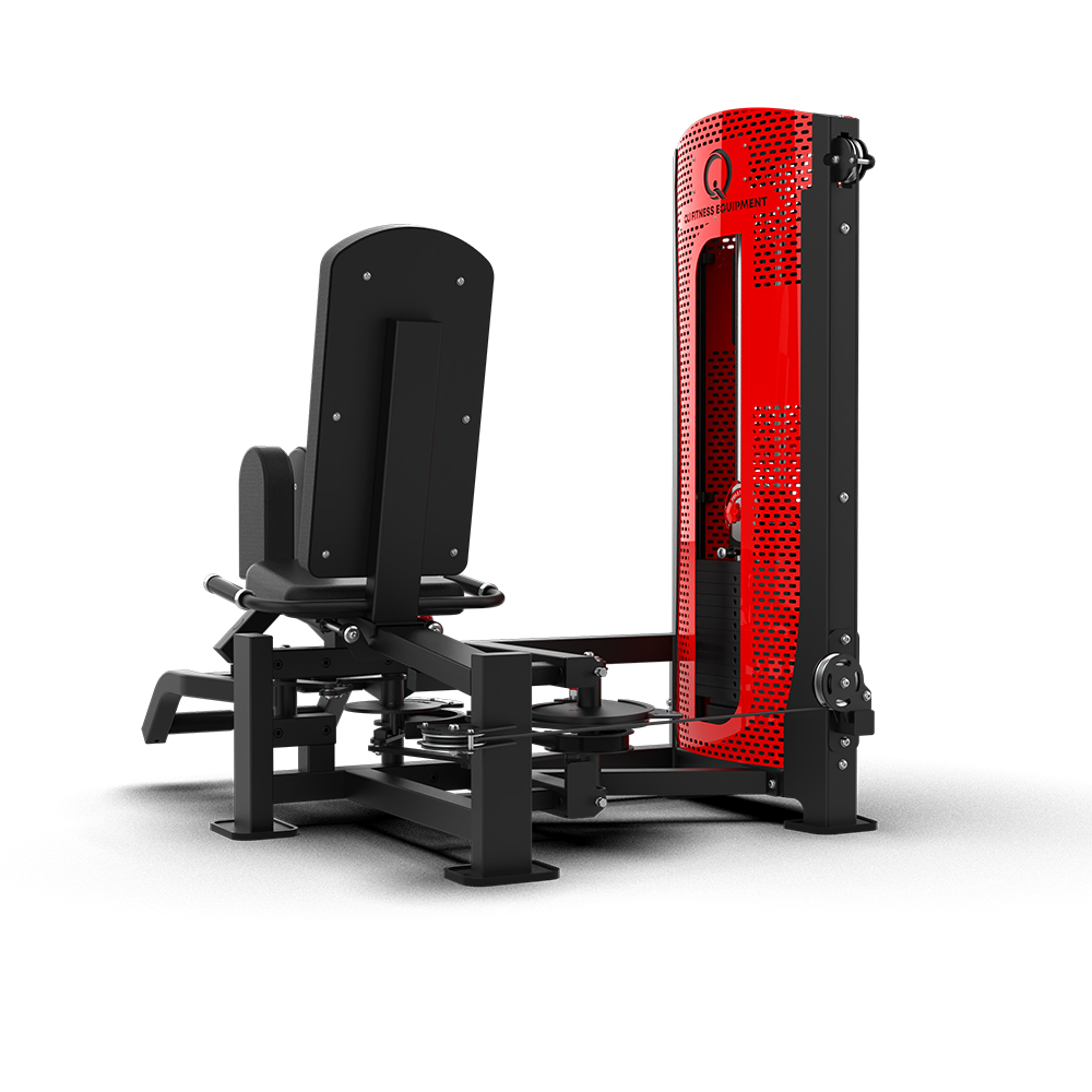 Rear three-quarter view of the QLI QAAM01 with the red weight stack tower and backrest
