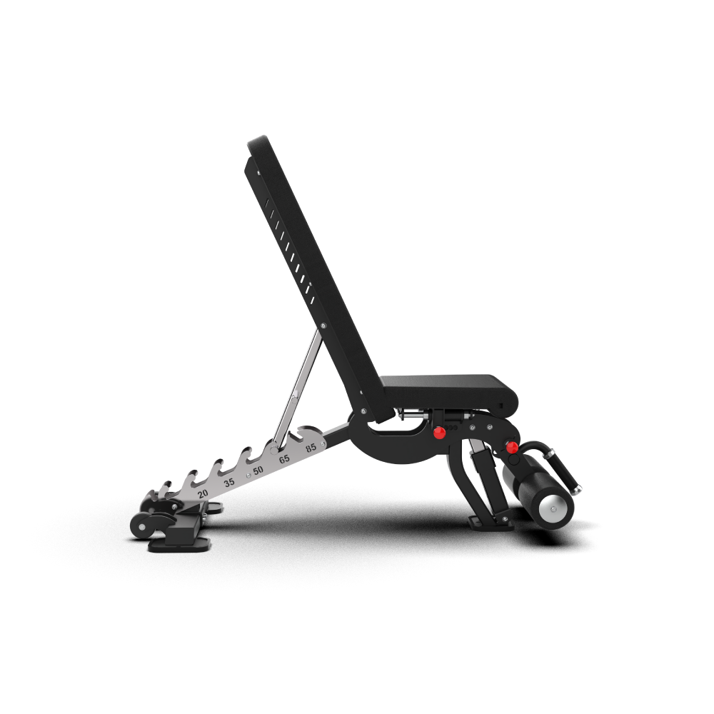 Side profile of the QLI QAB01 adjustable bench with the backrest upright on its ladder adjuster