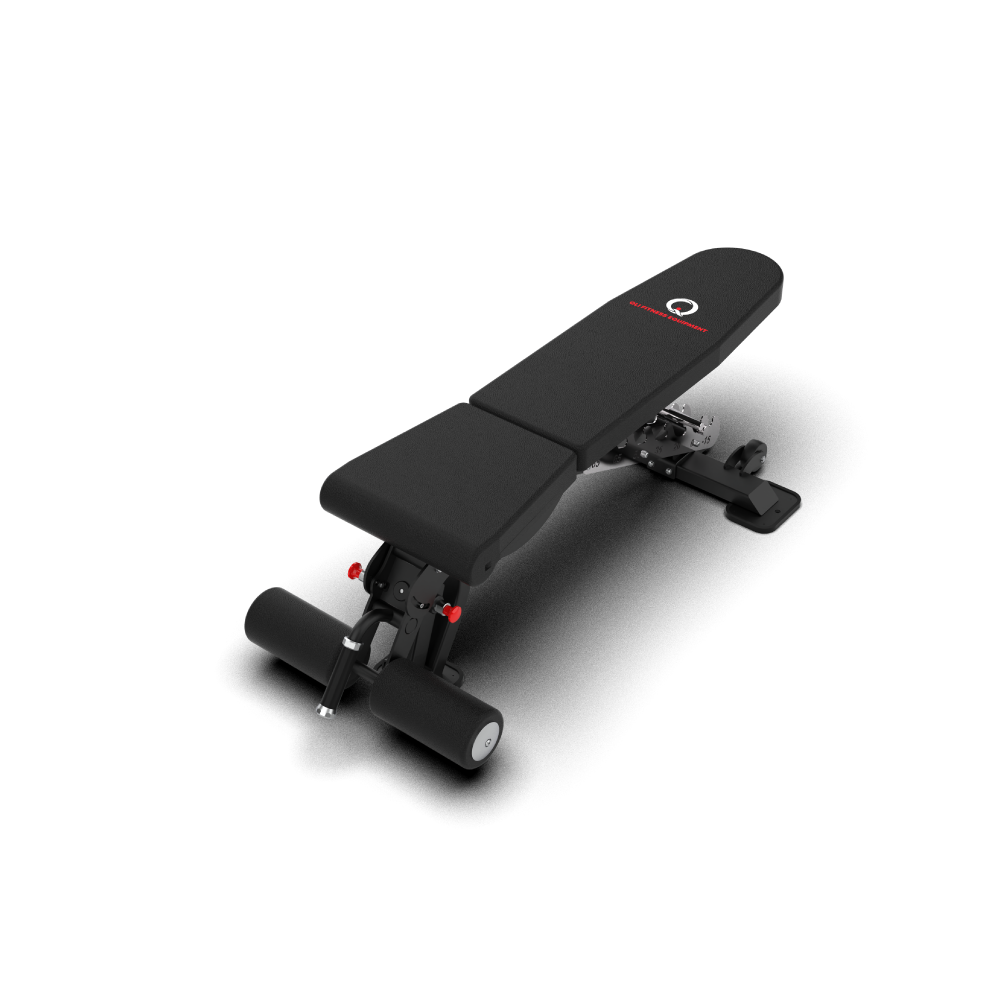 QLI QAB01 adjustable bench from above in the flat position, showing the seat, backrest and leg rollers
